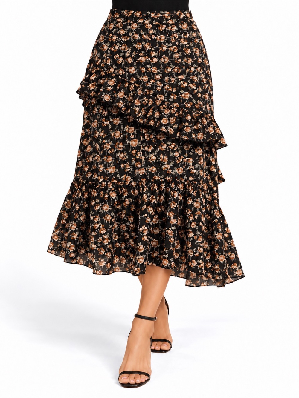 Luna Black Floral Tiered Ruffle Midi Skirt Women’s Size Large
